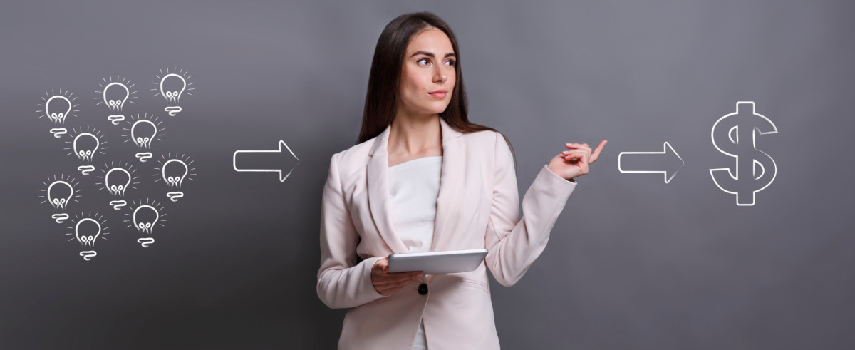 Young lady in suit with digital tablet making crowdfunding